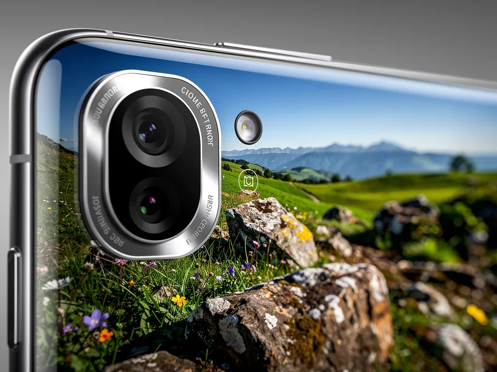 Close-up of a smartphone camera lens capturing a high-quality, detailed landscape photograph.