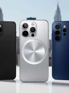 Three flagship smartphones showcasing their advanced camera systems in a comparative setup.