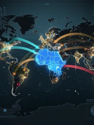 Global geopolitical map with U.S. investment strategy arrows