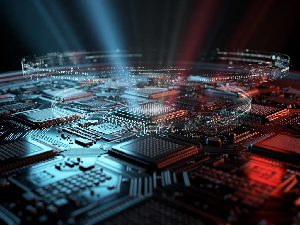 Intricate silicon wafer with microchips under blue and red light, symbolizing semiconductor industry competition.
