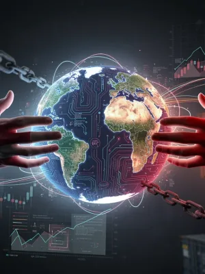 Global tech rivalry between US and China, with digital circuits and national flag symbolism.