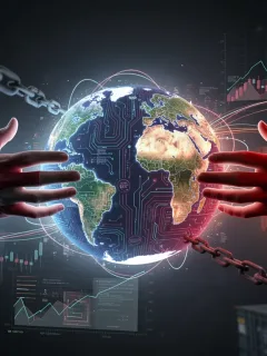 Global tech rivalry between US and China, with digital circuits and national flag symbolism.