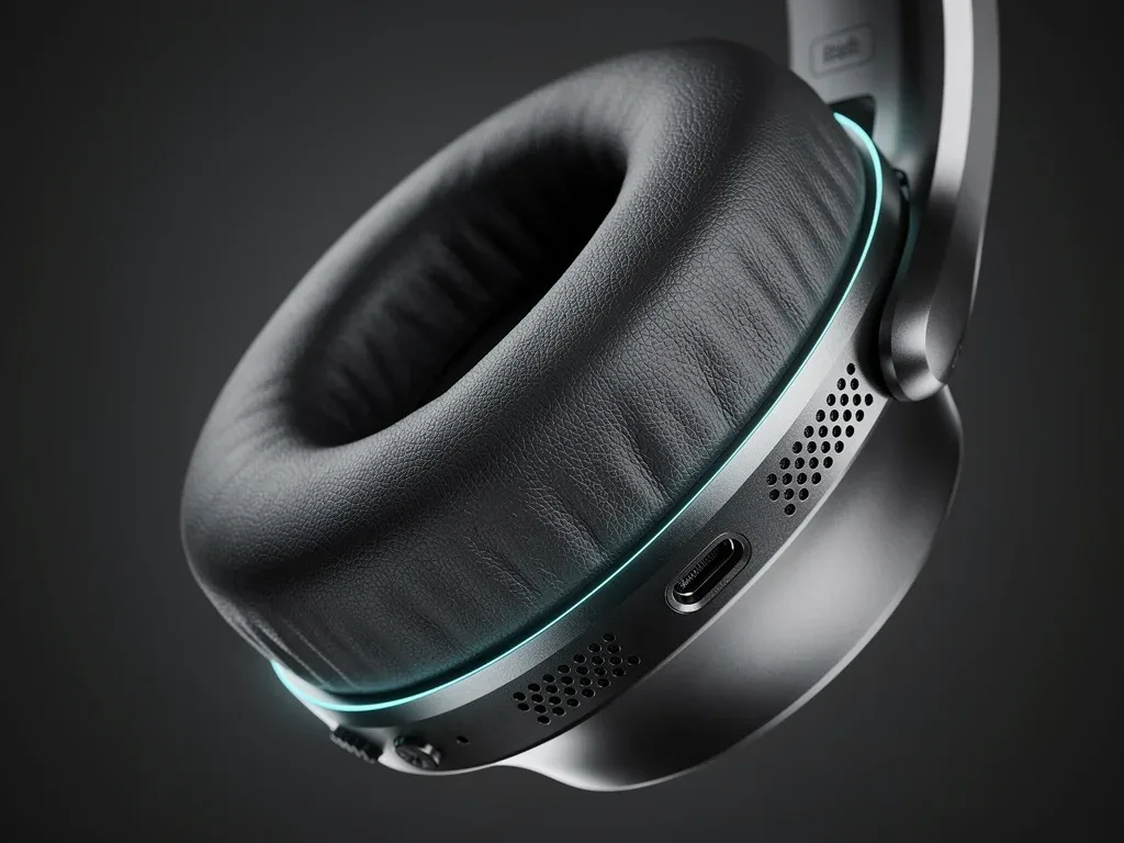 Close-up of a headphone ear cup showing comfort and ANC technology.