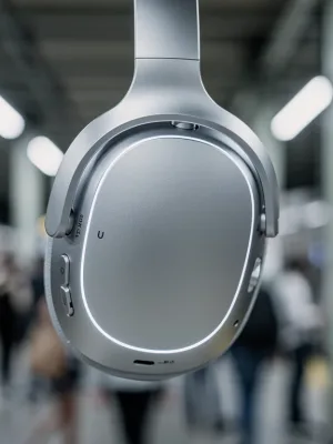 Sleek silver noise-cancelling headphones on a train, blocking out city noise.