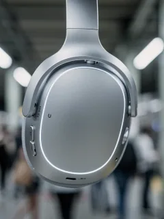 Sleek silver noise-cancelling headphones on a train, blocking out city noise.