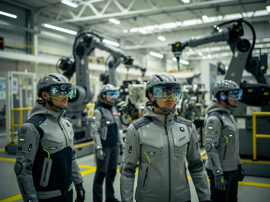 Workers in industrial setting with augmented reality helmets and climate-controlled protective gear
