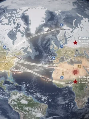 Satellite map showing Arctic shipping lanes, resource zones, US strategic points, and Russian military bases.