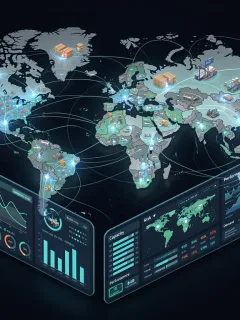 Global supply chain network with data analytics, symbolizing resilience and interconnectedness for U.S. businesses.