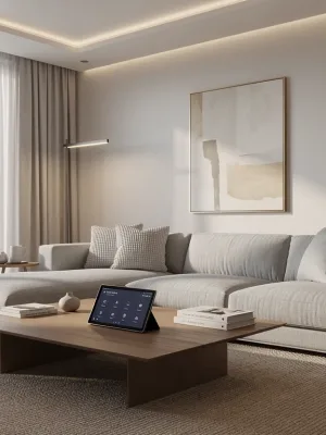Integrated AI smart home devices in a modern living room setting
