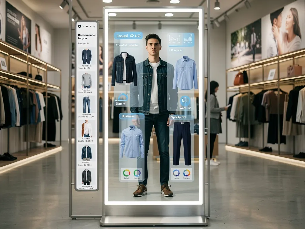 Smart mirror offering personalized fashion recommendations in a US retail store.