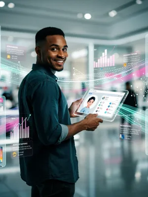 Futuristic shopping experience with hyper-personalized AI integration for US consumers in 2026.
