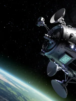 Futuristic US satellite orbiting Earth, symbolizing 2026 space dominance and national security.