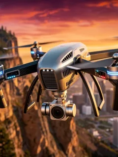Futuristic drone flying over a vibrant U.S. landscape capturing high-quality footage