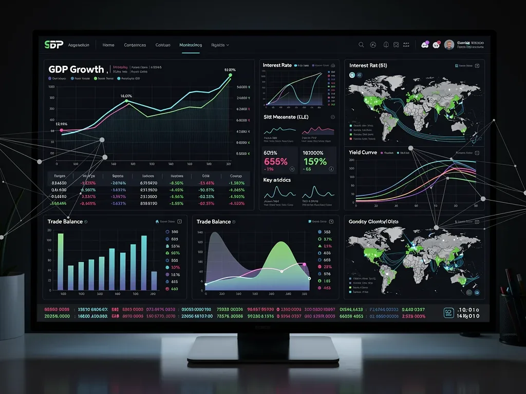 Economic dashboard with GDP, interest rates, and trade balance data