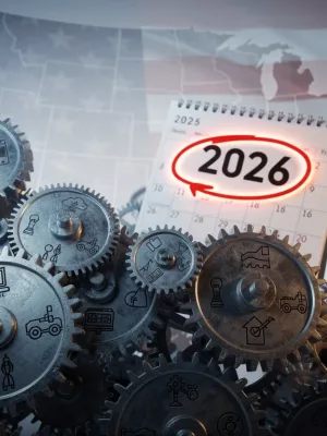 Dynamic visual of gears symbolizing US industries under a changing policy landscape for 2026.