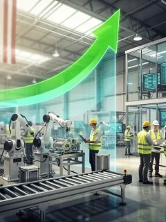Modern US manufacturing facility with robotics and diverse workforce, symbolizing innovation and economic growth.