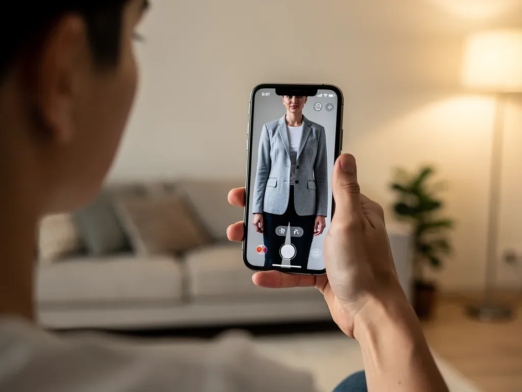 Consumer trying on virtual jacket with AR app on smartphone
