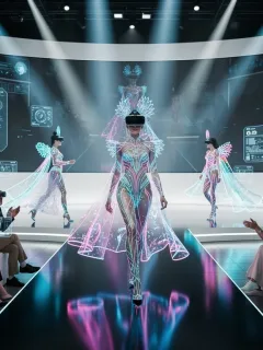 Futuristic digital fashion show with avatars and VR audience