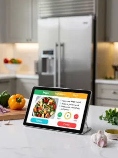 Smart kitchen display showing a recipe in a modern U.S. kitchen