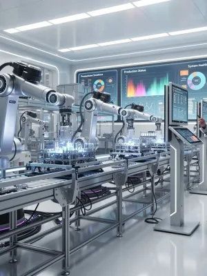 Robotic arms in a futuristic factory alongside human technicians, demonstrating automation's impact on the U.S. labor market in 2026.