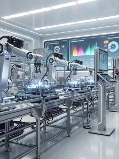 Robotic arms in a futuristic factory alongside human technicians, demonstrating automation's impact on the U.S. labor market in 2026.