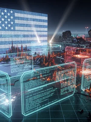 Futuristic digital battlefield with glowing data streams and U.S. cyber defense symbols.