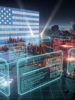 Futuristic digital battlefield with glowing data streams and U.S. cyber defense symbols.