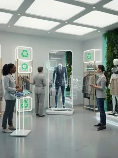 Futuristic retail space showcasing sustainable apparel and digital shopping experiences