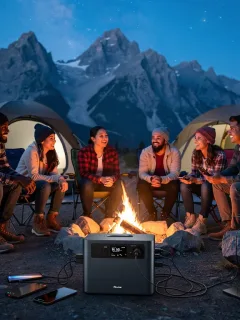 Campers enjoying evening with portable power station charging devices