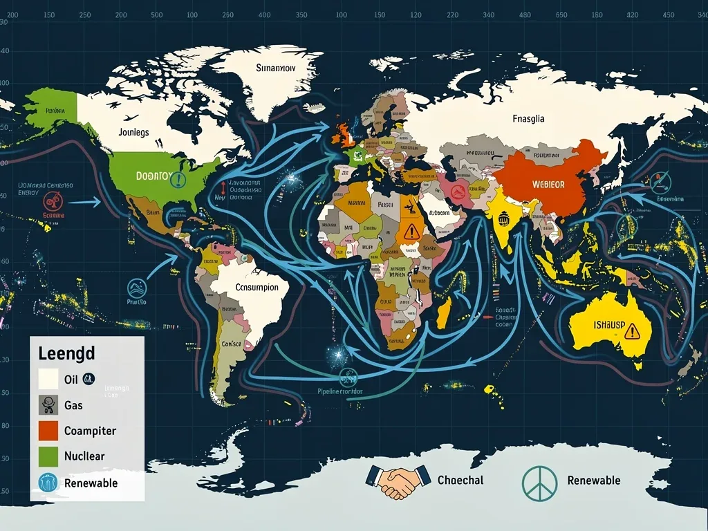 Geopolitical map illustrating global energy trade routes and strategic alliances, reflecting shifts in energy power dynamics.