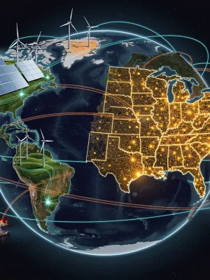 Global energy market map showing diverse energy sources and interconnected trade routes affecting U.S. businesses in 2026.
