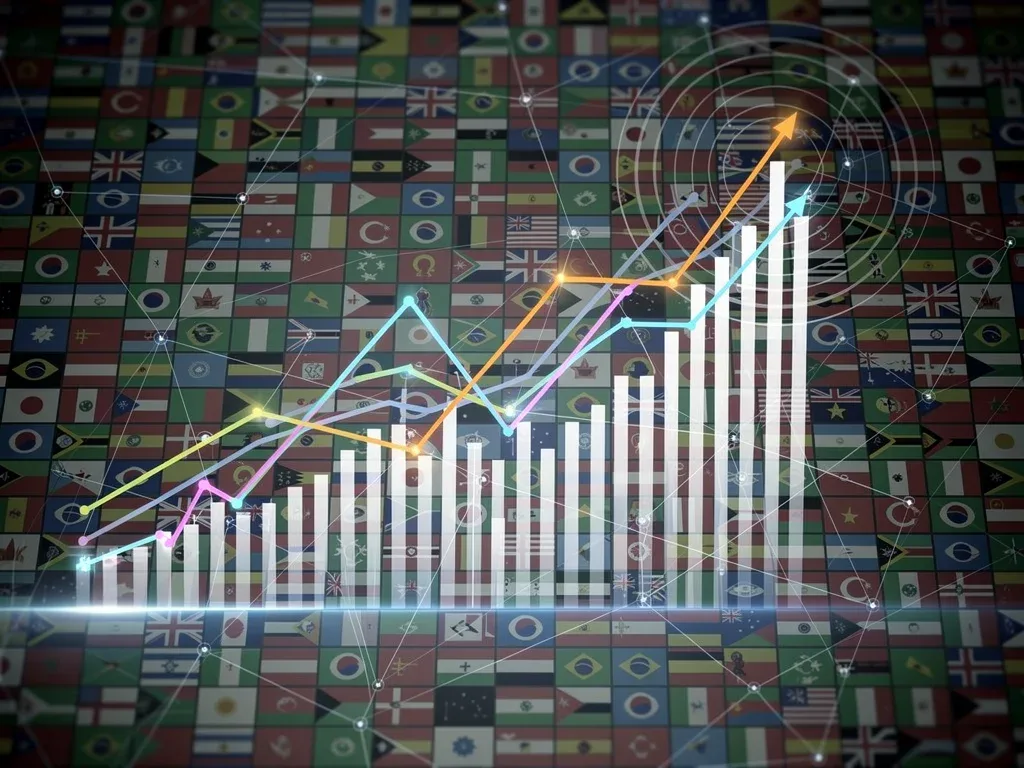Global flags and economic growth graph depicting international economic shifts