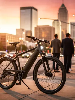 Modern electric bike against a city skyline at dusk, highlighting urban mobility.