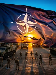 NATO flag waving with military exercise in background, symbolizing alliance strength.