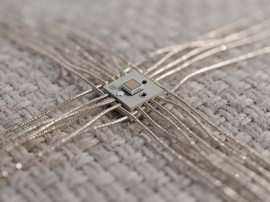 Close-up of smart textile fabric with interwoven conductive threads and discreet sensors.
