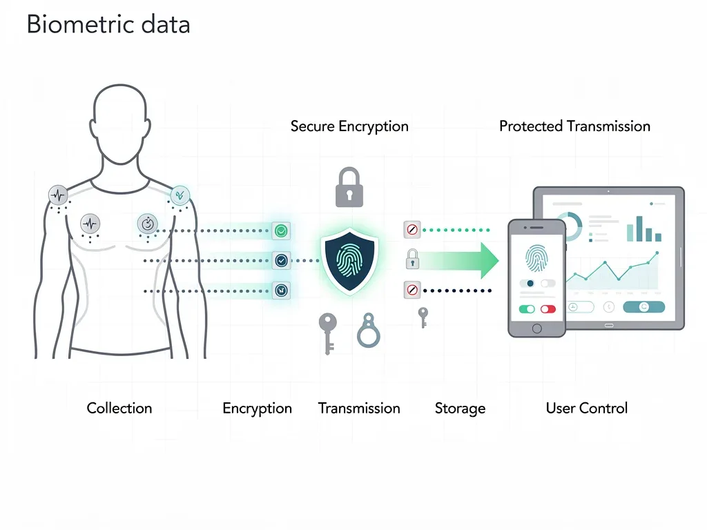 Infographic showing biometric data flow from smart apparel to a device with privacy controls.
