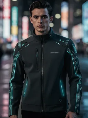 Futuristic apparel with integrated wearable technology, showcasing smart textiles and subtle glowing elements.