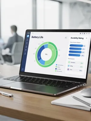 Modern ultrabook on a desk showing battery life and durability ratings