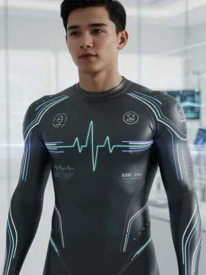 Futuristic biometric apparel monitoring health in a modern setting