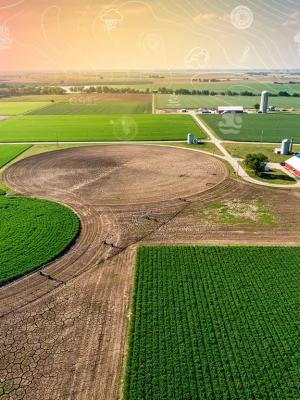 Diverse US farmlands under varying climate conditions, symbolizing climate change's agricultural impact.
