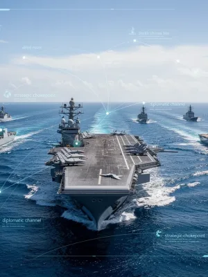 U.S. Navy aircraft carrier strike group in the South China Sea, symbolizing power projection and strategic presence.