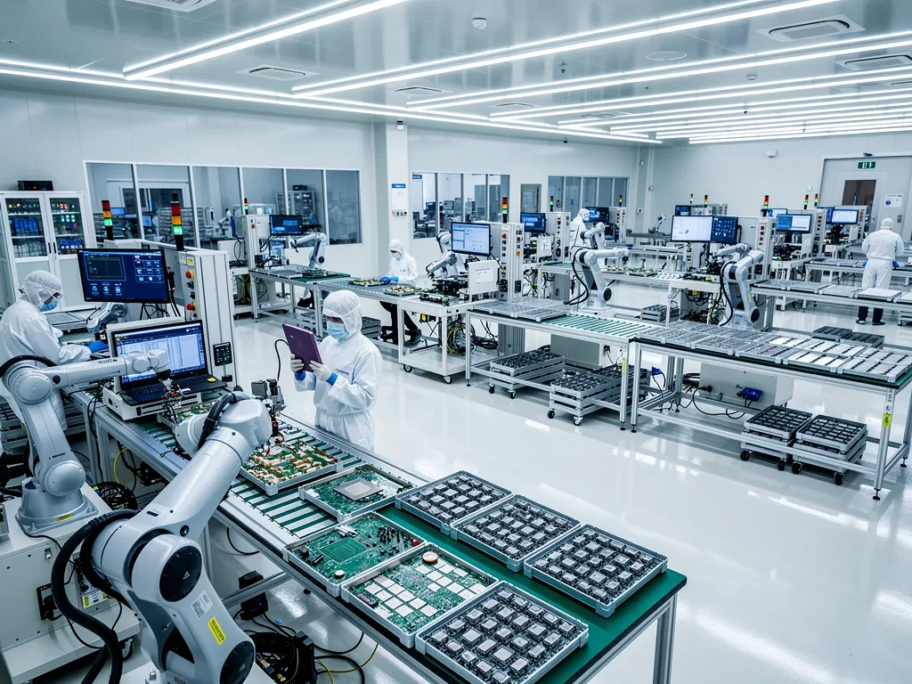 Robotic arms in a semiconductor manufacturing plant, illustrating production challenges.
