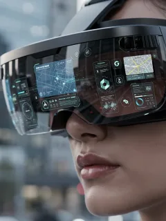 Futuristic augmented reality glasses displaying digital overlay in a modern urban setting