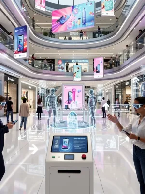 Futuristic retail environment with digital displays and interactive shopping