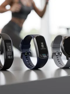 Three advanced health trackers showcasing their sleek designs and digital displays on a clean surface, symbolizing a technology comparison.