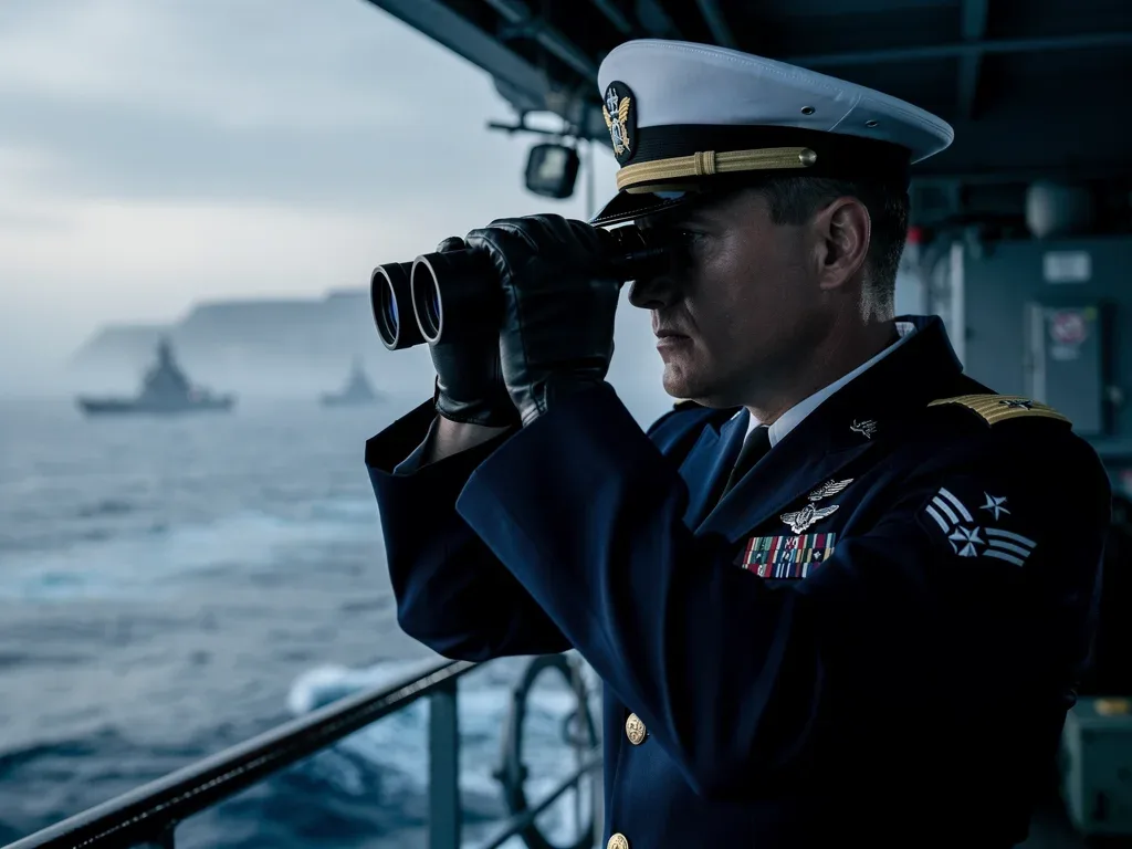 U.S. naval officer observing Black Sea horizon with binoculars