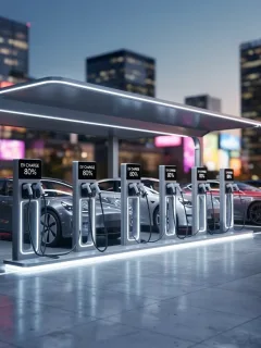 Modern 2026 EV charging station in urban setting at dusk