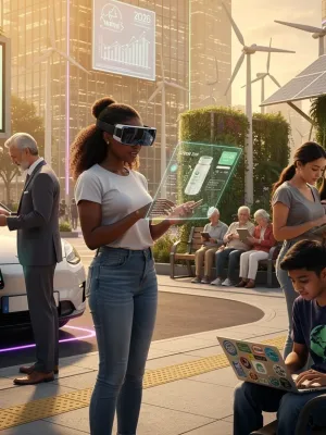 Diverse US consumers interacting with future tech and eco products