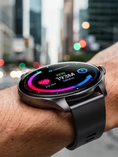 Futuristic smartwatch displaying fitness data and notifications on a wrist in an urban setting.