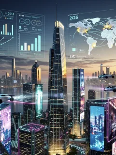 Futuristic cityscape representing U.S. economic competitiveness in 2026 against global powers.